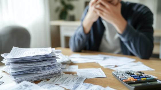 Person stressed with bills and debts on table